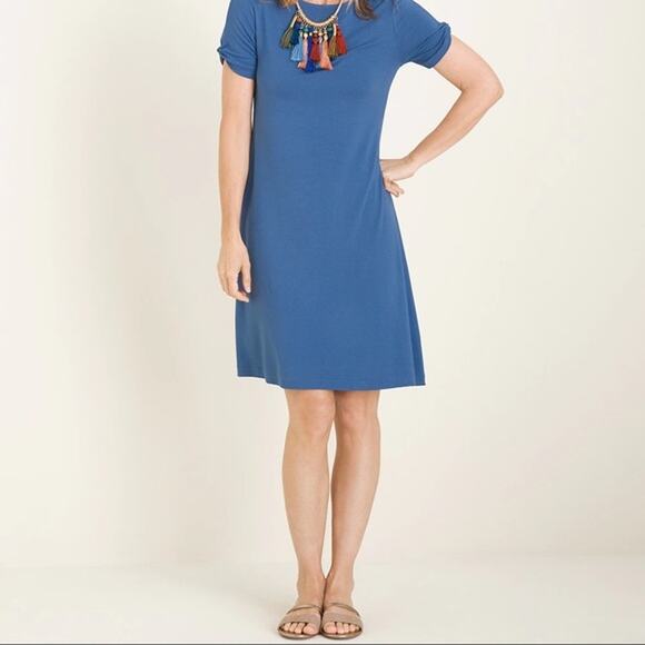 Chico's Blue Knee Length Twist Sleeve Stretch Dress Size 0 Small - Picture 1 of 8